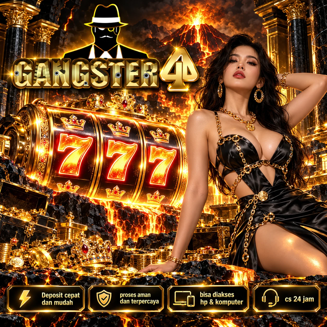 Visual GANGSTER4D bernuansa hitam emas dan latar lava